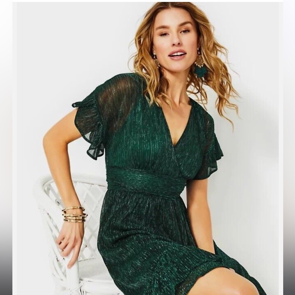NWT Lilly Pulitzer Sinclare Dress In Evergreen Metallic Knit Crinkle